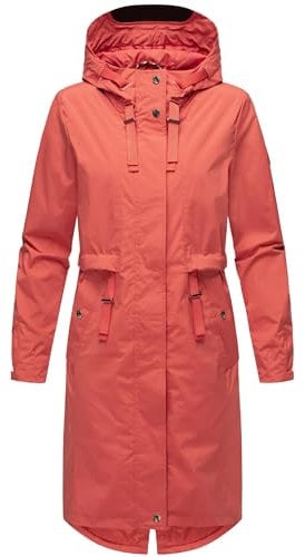 Navahoo Damen Leichter Übergangsmantel Kurzmantel lang mit Verstellbarer Kapuze Silberperlee Coral Red Gr. XXL