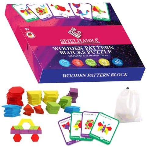 Spielhansa® Montessori Spielzeug Tangram Puzzle,Holzpuzzle 48 Designkarten in Deutsch-Englisch,155 Bunte geometrische Formen, Lernspiel,pädagogisches Geschenk,Lernen mit Spaß