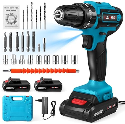 Trapano Avvitatore a Batteria 28 V Con 2 Batterie + 24 Accessori, 25+3 Impostazioni di Coppia, Luci LED, Senza Fili per Fai Da Te