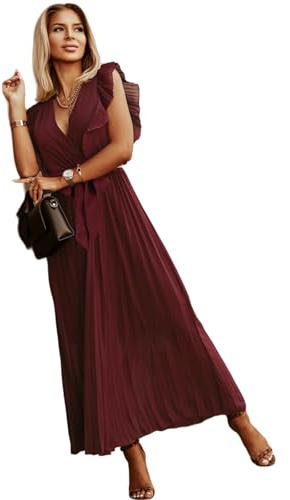 HEYPORK Damen Frühling Sommer Kleider Bequem Lässig Kleid Mode Elegant Röcke Frauen Temperament Langes Kleid Geraffte Ärmel Chiffon Faltenrock Feste Farbe Kleider(Rot, XL)