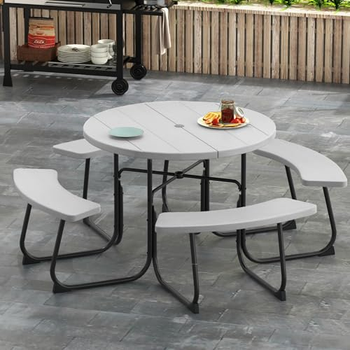 GIANTEX Ensemble de meubles de jardin pour 8 personnes, table de jardin ronde avec 4 bancs, table à bière avec trou pour parasol, salon de jardin résistant aux intempéries en polyéthylène haute