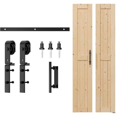 SKYSEN Bifold Sliding Door 3FT/91CM Folding Barn Door Hardware Kit with Double 38CM Interior Wooden Door, Closet Rail Roller Black Bifold Door Track Kit