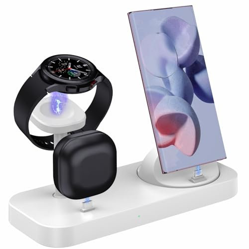 Wireless Charger Android 4 In 1 Charging Station For Samsung Phone Galaxy Z Flip 5/4/3 Z Fold 5/4/3 S24/S23 S22 S20 Ultra, Galaxy Watch 6/5/4/3 Galaxy Buds (White)