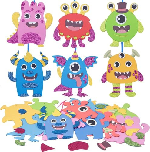 6 Stück Bastelset für Kinder, Halloween Kreativsets zum Basteln, DIY Handwerk Kreativsets mit Filz Aufkleber, Selbstklebend für Kindergeburtstag Geschenk (Monster)