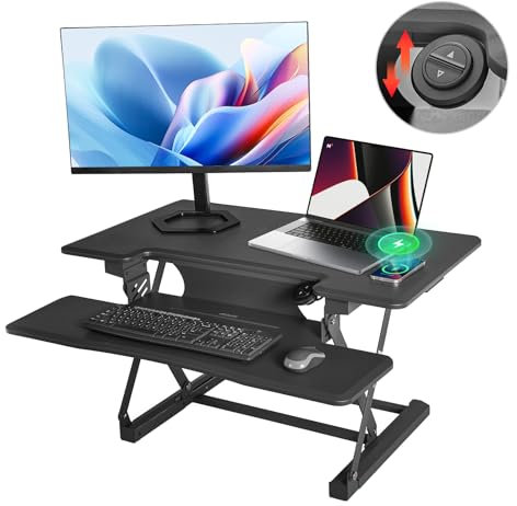 Elevador Escritorio, Elevador Monitor Escritorio, Standing Desk Converter con Bandeja para Teclado, Mesa Escritorio con Función de Carga (USB & Type-C & Carga Inalámbrica) (91x52 CM)