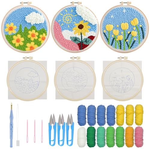 Allazone 3 Stück Punch Needle Embroidery Starter Kit, Punch Needle Anfänger Stickerei Set mit Blumenmuster, DIY Stanznadel Kit mit Stickrahmen, Punch Needle Stoff, Fäden, Einfädelhilfe