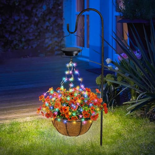 NEWNEN Solar Hanging Flower Basket Artificial Flowers with Solar RGB String Lights 10 Inch Coconut Lining Hanging Baskets with Artificial Flowers for Patio Lawn Garden Decor - Orange