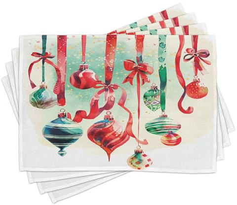 ABAKUHAUS Platzmatten, Vintage-Weihnachtskugeln-Spitzen, Waschbare Stoff Esszimmer Küche Tischdekorations Digitaldruck, Dunkle Koralle Grün Blau