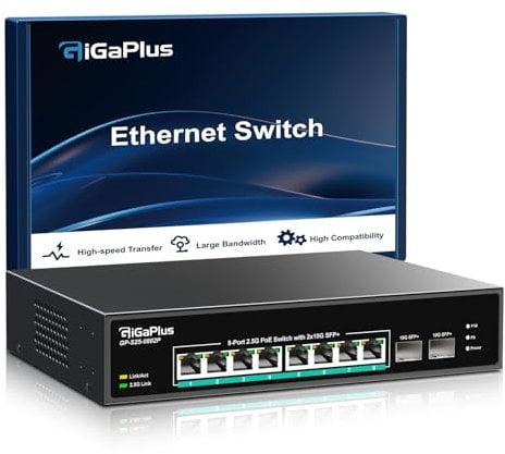 10 Port 2.5Gb Unmanaged PoE Switch with 8*2.5G Base-T PoE Ports, 2*10G SFP+ Uplink, 802.3af/at (PoE+), 80Gbps Switching Capacity, GigaPlus 2.5G PoE Switch for 2.5Gb NAS/PC, WiFi6 Router, Wireless AP