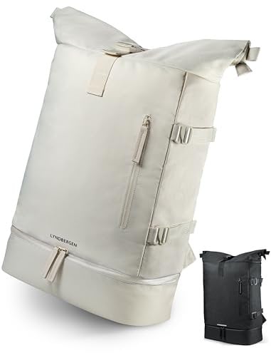 LYNDBERGEN Rolltop Rucksack Damen & Herren: LYØ – Groß & Wasserdicht (24-31L) | 17 Zoll Laptop Rucksack mit Schuhfach, Geheimfach & Brustgurt | Perfekt für Uni, Reisen, Arbeit & Sport (Beige)