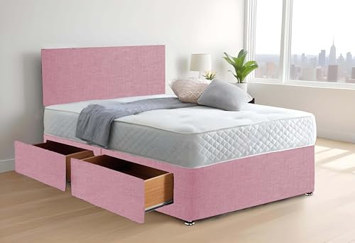 Cloud Comfort Suede Fabric Divan Bed | Luxurious Small Double Bed Frame with Spring Memory Foam Mattress & Storage 2-Drawers | Plain 20” Headboard – Dreamlike Rest Awaits! (PINK, 4FT Small Double Bed)