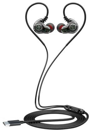 RitMoment Quiet Bass Wired Earphones with Mic - Powerful Dual Dynamic Driver, Clear Sound & Deep Bass, in Ear Earbuds for Sleep, Gaming, Sports and Music, Comes with Sleep Earplugs (Type C, Black)