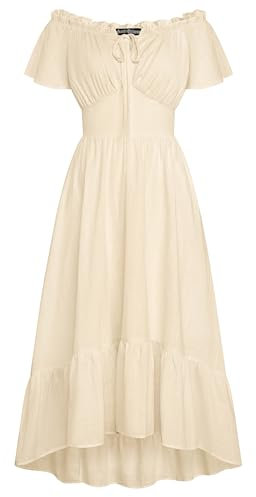 Women Renaissance Maxi Dress Vintage Retro Lace Up Flowy Swing Flared Dress Apricot M