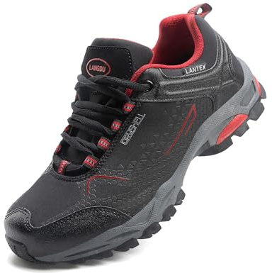 LANGDU Scarpe da Trekking Uomo Montagna Donna Sportive Escursionismo Traspiranti Passeggiate Sneaker Taglie 38-46 (Nero Rosso,42EU)