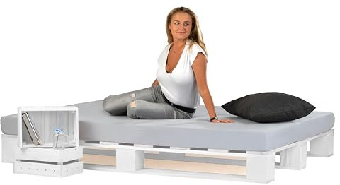Lermowood Palettenbett M1 aus Holz 180 x 200 cm Weiß mit Lattenrost Holzbett 20cm Stabiles Seniorenbett Kinderbett Jugendbett Gästebett erhöhtes Einzelbett Bettgestell Futonbett Komforthöhe