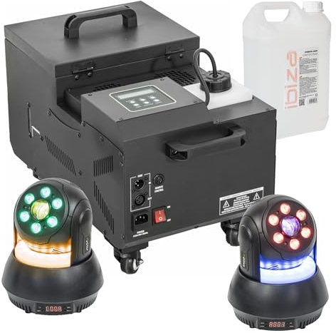Ibiza Light - Pack Machine à Fumée Lourde 1500W - 2 Lyres Wash 30W Ibiza STAR-SPOT - Soirée Fête Mariage Danse Dj Pro