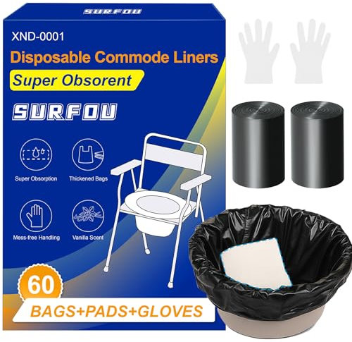 SURFOU Commode Liners with Absorbent Pad 60 Packs, Bedside Commode Disposable Bags, Toilet Bag, Potty Liners, Fits Most Camping Toilet/Portable Toilet/Portable Potty(60 Bags + 60 Sets of Gloves)