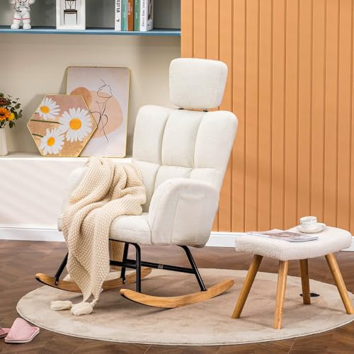 COMHOMA Schaukelstuhl mit Hocker, Relaxsessel, Ohrensessel aus Teddy-Plüsch Schaukelsessel, bis 150 kg belastbar, sonnenliege gartenliege für Schlafzimmer, Wohnzimmer, Stilvolles Design beige