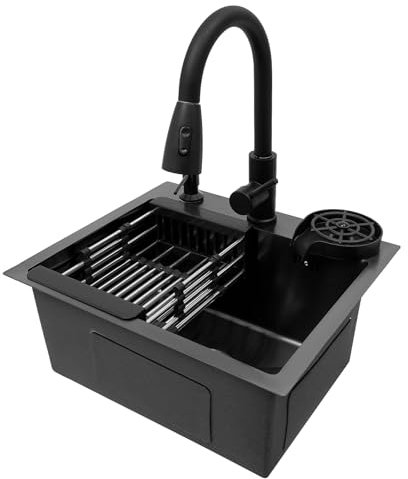 Fregadero de cocina, 45 x 40 cm, fregadero de cocina de acero inoxidable, fregadero integrado, grifo extraíble de 360 °, con fregadero, cesta de drenaje, dispensador de jabón empotrado