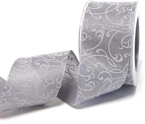 s.dekoda Schleifenband 15m x 60mm Grau Silbergrau Ornamente Glitzerornamente Dekoband Dekostoff Tischband [D723]