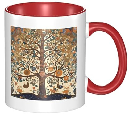 Tasse à café en céramique bicolore motif arbre de vie 330 ml – Tasse à thé classique, tasse cadeau, passe au micro-ondes, au bureau et à la maison
