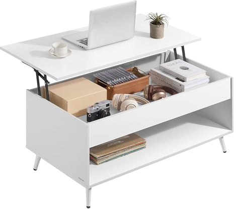 VASAGLE Couchtisch, höhenverstellbarer Wohnzimmertisch, 50 x 100 cm | Kaffeetisch, mit offenem Fach und versteckten Fächern, Schneeweiss und Mattweiss, MIRANTA Kollektion LCT267WE01