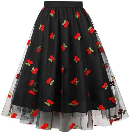 Tüllrock Damen 80er Karneval Puffy Tüllrock Damen Tütü Röcke Tüll Petticoat Mesh Bestickt Kirsche Hohe Taille A-Linien-Rock