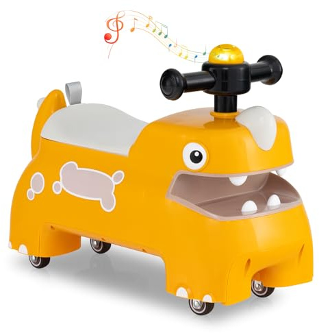 DREAMADE Rutschauto, Dinosaurier Rutschfahrzeug mit Hupe, Musik, Lichtern, Stauraum unter dem Sitz & 4 Universalrollen, Bodenschieber Rutscher Kinderauto für Jungen und Mädchen ab 18 Monaten (Gelb)