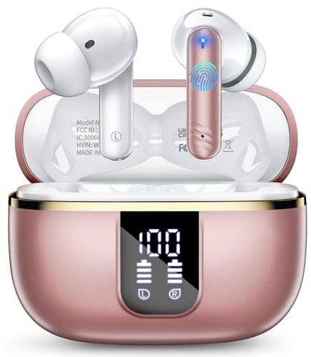 2026 New Wireless Earbuds, Bluetooth 5.4 Headphones In Ear with Noise Cancelling Mic, 46H Headphones with 3D Bass Stereo Sound, Ultralight, USB-C LED, Waterproof IPX7 Earphones for Android iOS. Pink
