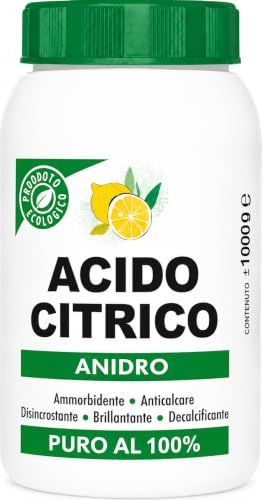 Acido Citrico Anidro 1 Kg Puro al 100% | Anticalcare Naturale Multiuso, Ammorbidente Ecologico, Disincrostante, Decalcificante