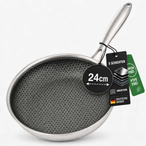 Brasa y Brasa Wabenpfanne 24 cm - Für alle Herdarten inkl. Induktion - Bratpfanne 24 cm zum Kochen & Braten - Antihaft Pfanne aus Edelstahl - Spülmaschinenfest - Kratzfeste & Schnittfeste Profi Pfanne
