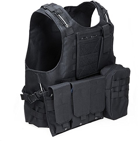 Chalecos Tácticos, Anfibio Chaleco táctico Militar Molle Chaleco Combate Asalto Placa Camuflaje Chaleco del Portador (Negro)