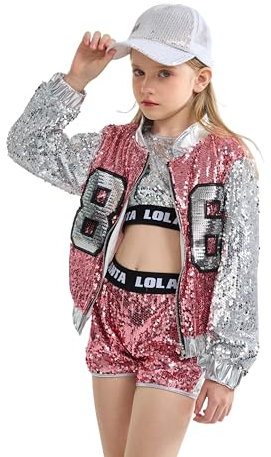 LOLANTA 4 Pezzi di Ragazze con Paillettes Costume da Ballo per Bambini Hip-Hop Stree Abiti da Ballo Set Calze attaccare, Rosa, 8-9 anni, 140