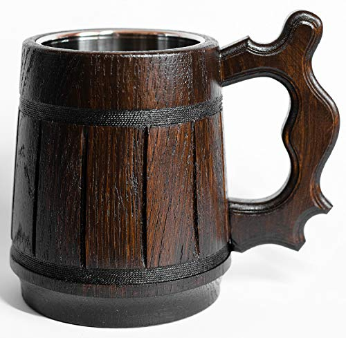 Handmade Beer Mug, Wood Tankard Beer Stein 20 oz. D&D Mug, Oak Mug With Stainless Steel Inside Eco-Friendly | Vintage Bar Accessories - Barrel Brown Classic Design - Halloween Party Decorations Ideas