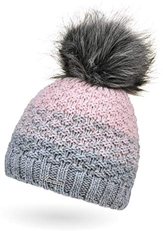 Neverless® Damen Strick-Mütze gefüttert Fleece-Innenfutter Fell-Bommel Kunstfell Winter-Mütze Bommelmütze Grobstrick Mehrfarbig grau-rosa