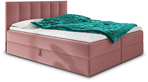Boxspringbett Star mit Topper, Bonell-Matratze und 2 Bettkästen, Doppelbett, Polsterbett, Bett, Bettgestell, Stilvoll, Schlafzimmer, Velour oder Webstoff (Pink (Kronos 29), 140 x 200 cm)
