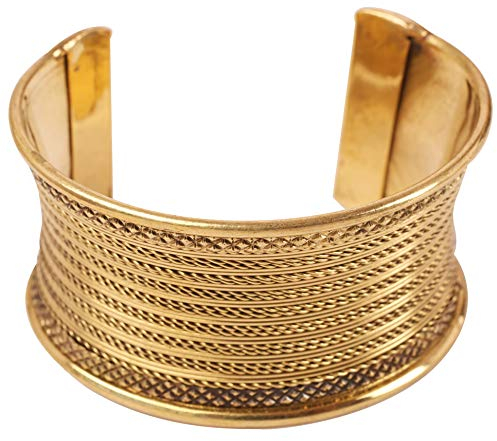 Touchstone NEW Indian Bollywood Desire Brass Base Exotic Workmanship Finely Placed Hammered Wire Stylish Wrist Enhancer 1.25 Inches Free Size Cuff Bracelet In Antique Gold Tone For Women.