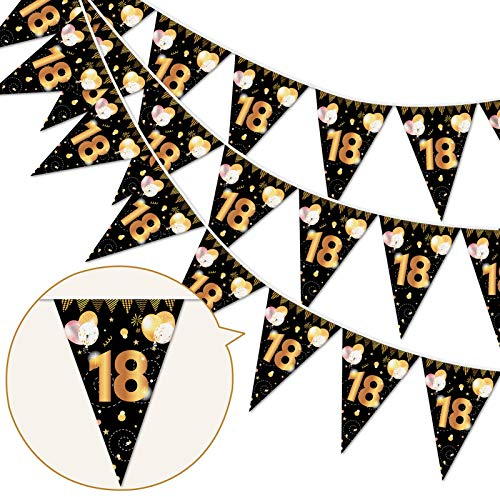 HOWAF 18. Geburtstag Banner Girlande 18 Wimpel Girlande Bunting zum Aufhängen Wimpelkette für mädchen Junge 18. Geburtstag Party Dekoration Geburtstags Deko Schwarz Gold