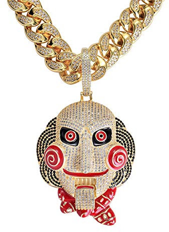Fantex 18K Big Size Saw Billy Horror Mouth Can Move Gold Filled Pendant Cuban Chain,Iced Out Shiny CZ-Diamonds Necklace for Men (Gold,18''Cuban)
