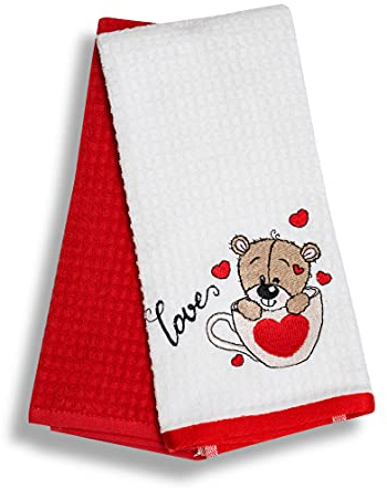 SYS Online Geschirrtücher Baumwolle 2er Pack, Waffelpique Stoff Handtücher Set, Oeko-tex® Zertifiziert Hochwertige Geschirrtücher mit Motiv, 100% Baumwolle, Teddy Bär 60x40cm (Rot - Weiß)