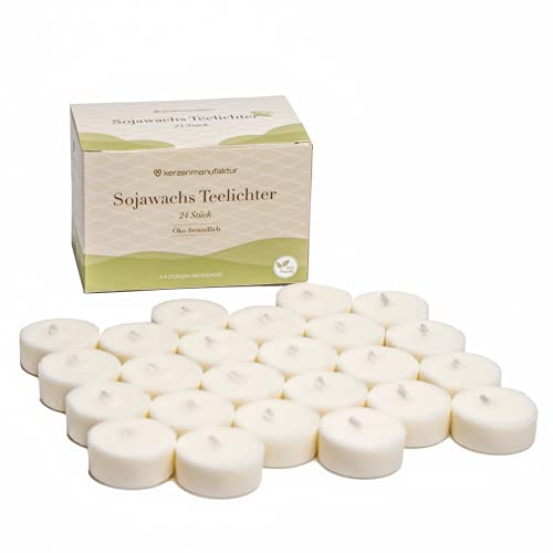Kerzenmanufaktur Lot de 24 bougies chauffe-plat à la cire de soja - Durable - Blanc - Bougies chauffe-plat écologiques sans coque