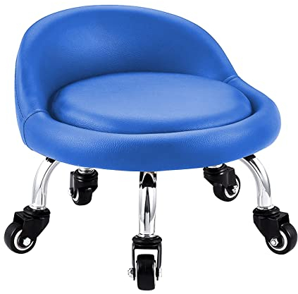 EBANKU Kleine Niedrig Rollhocker, Rollhocker Drehhocker Arbeitshocker, Rückenlehne 360° Rollhocker Niedriger Hocker Mit Rollen Drehbar Werkstatthocker für Homeoffice oder Fitness(Blau)