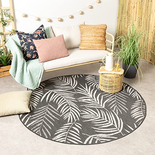 FRAAI In- & Outdoor Teppich Rund - Malta Leaves Schwarz Ø 240cm - Wetterfest - Polypropylen - Flachgewebe - Balkon, Garten/Terrasse, Flur - Terrasse - Rug