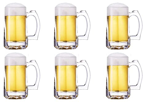 TUSAPAM Schweres Bierbecher-Set, 354 ml Glasbecher mit Griff, Biergläser für Gefrierschrank, 370 ml Biertrinkgläser, traditioneller Stein für Bar, Alkohol, Getränke, Kaffee, Tee, 6er-Set