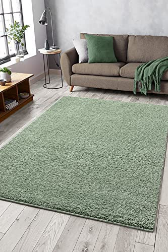 Mia´s Teppiche Lessy Waschbar Teppich, Hochflor, Langflor, Wohnzimmer, Schlafzimmer, Einfarbig, waschbar, Anti-Rutsch, 30 mm Florhöhe, Grün, 50 x 100 cm
