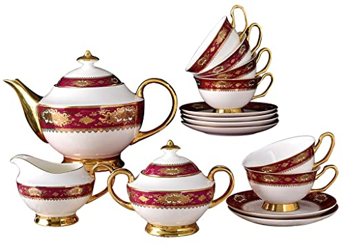 Sudemota Assiette de Diner 15 Pcs Bone China Autocollants Rouges Service À Café Service À Thé en Porcelaine De Relief Moderne