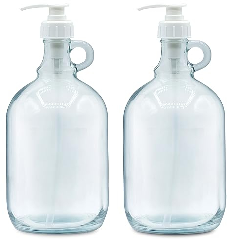 Glasspenderflasche mit Etiketten (2er-Pack) – 1,8 l Gläser mit auslaufsicherer Pumpe, perfekt für Wäsche, Weichspüler, Küchenseife, Bleichmittel, Shampoo, Sirup