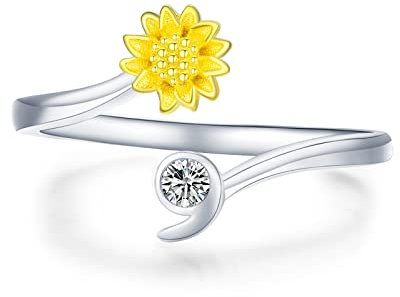 Sonnenblumen Ring, Sterling Silber Semikolon Ring für Frauen verstellbarer Sonnenblumen Offener Semikolon Ring Bewusstseinsring Schmuck Geschenk für Mutter Ehefrau Geburtstag