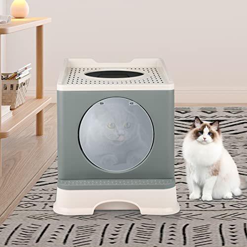 Bac à Litière pour Chat,Grande Maison de Toilette Chat Pliable avec Couvercle,Bac de Tiroir et Pelle à Litière,Portable,WC pour Chats avec Couvercle pour Grands et Petits (48 * 39 * 34 cm Gris)
