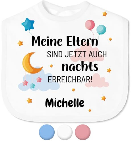 Baby Lätzchen „Eltern sind nachts erreichbar“ mit Namen personalisiert für Mädchen & Jungen - mit Klettverschluss – Spucktuch Latz Kinderlätzchen – Baby-Geschenke Taufgeschenke (Saum Weiß, Blau-rosa)